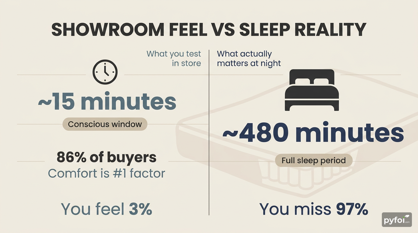 Split-view infographic comparing 15 minutes of conscious mattress feel against 480 minutes of total sleep time, showing 3% versus 97% awareness gap