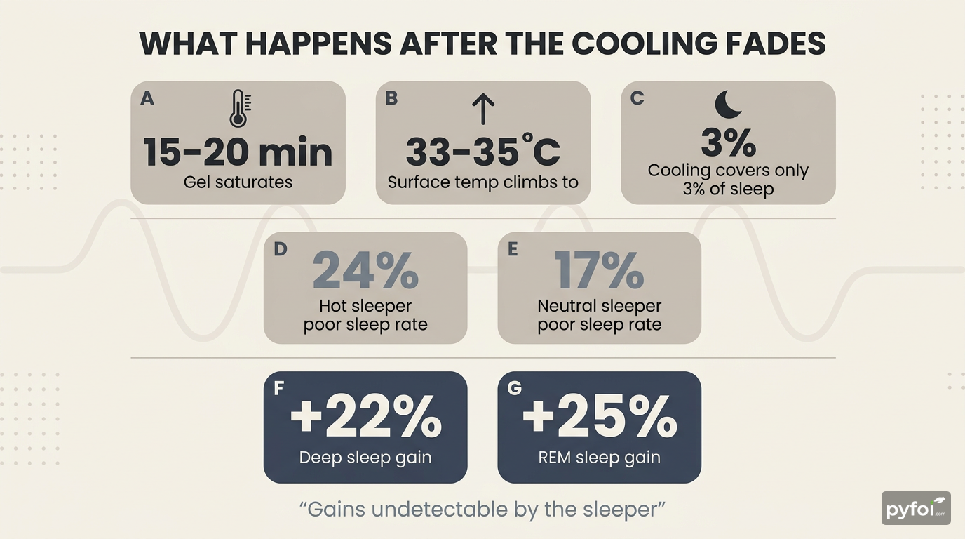Stat badges infographic showing gel foam saturation at 15 to 20 minutes, surface temperature rising to 33 to 35 degrees Celsius, and sleep stage gains of 22% deep sleep and 25% REM sleep