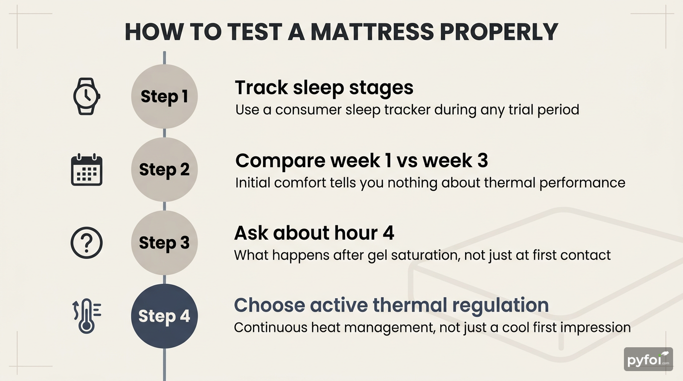 Four-step process flow infographic showing how to test a mattress using sleep tracking, multi-week data comparison, thermal saturation questions, and active regulation criteria