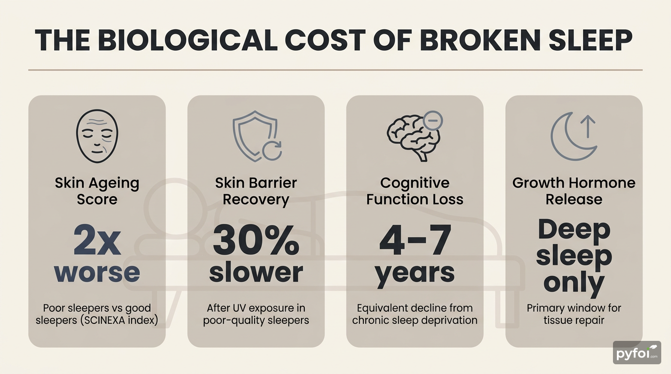 Stat badge infographic showing four biological ageing metrics linked to poor sleep quality, including skin ageing scores, barrier recovery rates, and cognitive decline