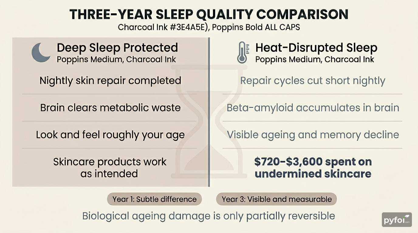 Two-column comparison infographic showing outcomes of deep sleep versus heat-disrupted sleep across skin repair, brain health, and skincare costs over three years