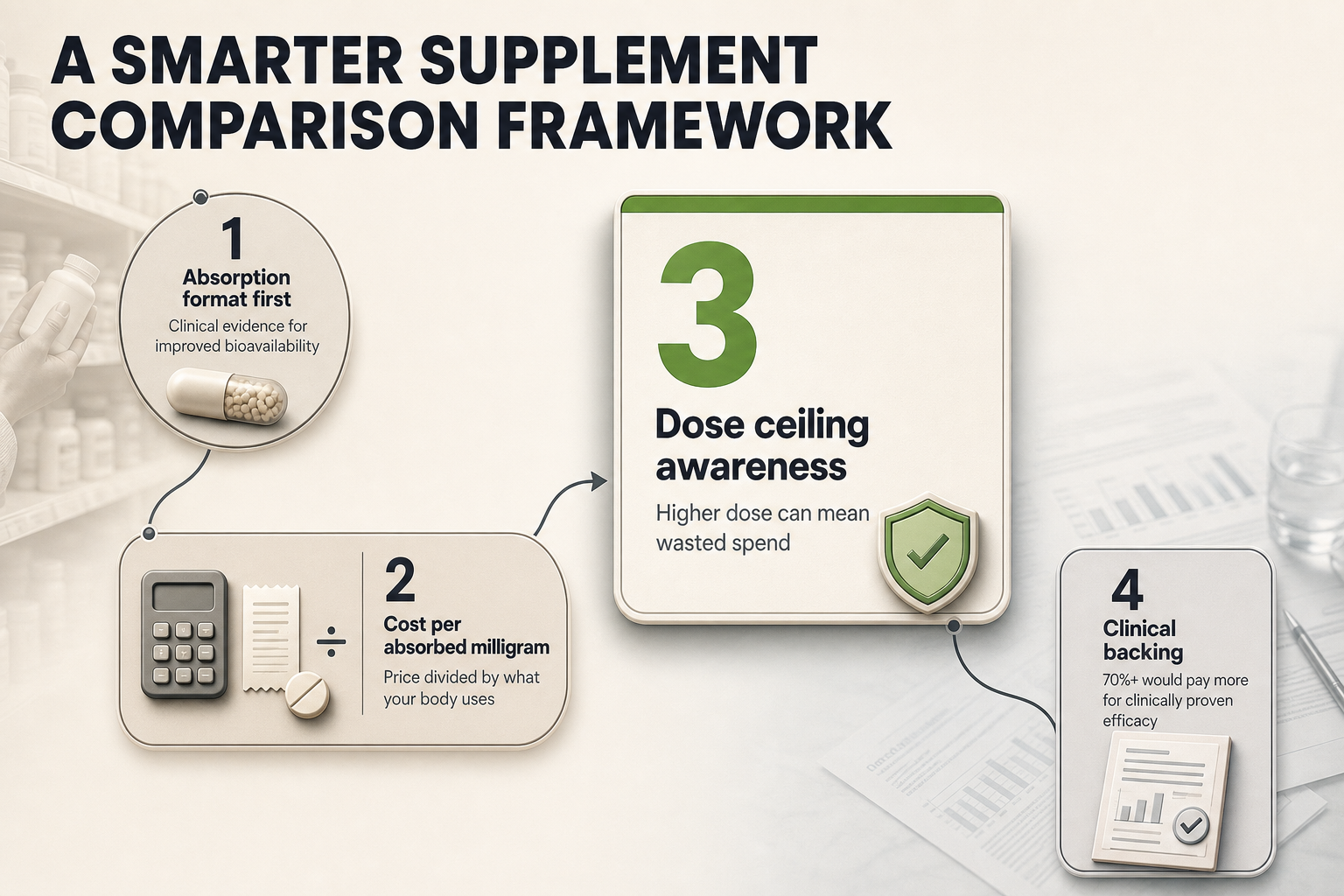 Four-step flow diagram with numbered nodes and short labels for absorption format, absorbed cost, dose ceiling, and clinical backing.