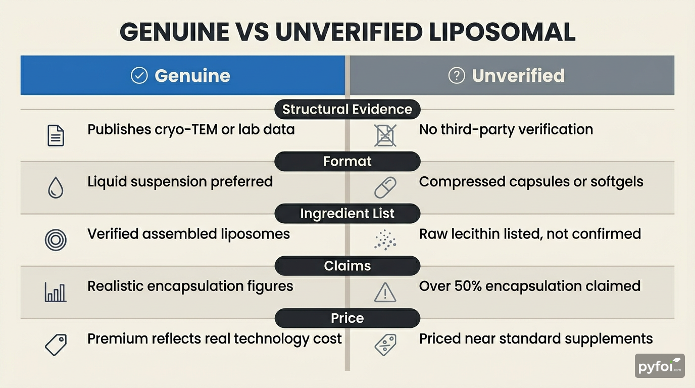 Two-column comparison table contrasting genuine liposomal supplements with unverified products across structural evidence, format, ingredients, claims, and price
