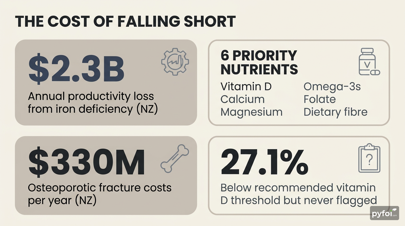 Stat-badge infographic displaying New Zealand subclinical deficiency costs including $2.3 billion iron productivity loss, $330 million fracture costs, and six priority nutrient gaps