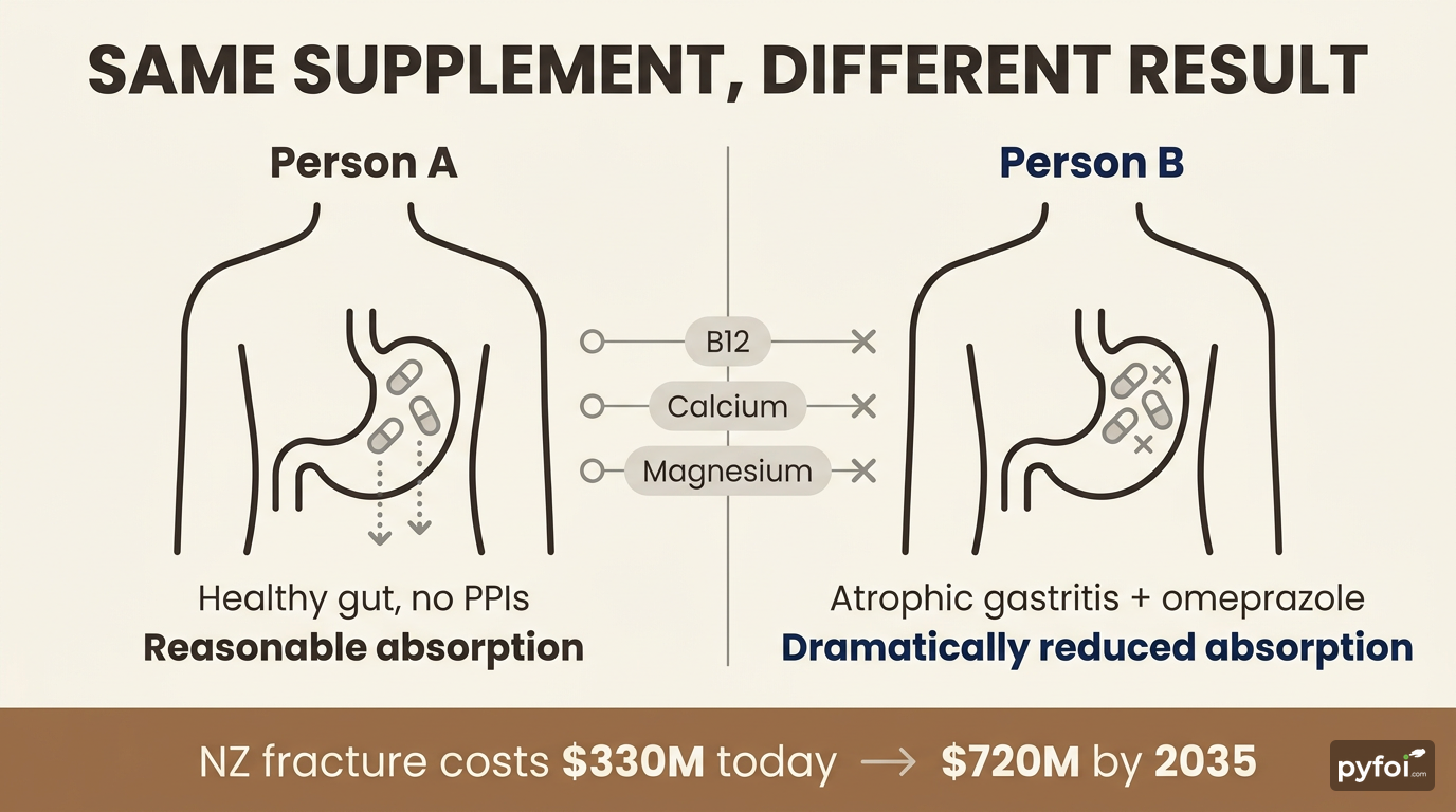 Split-view infographic comparing supplement absorption between a healthy adult and a PPI user, with projected New Zealand osteoporotic fracture costs