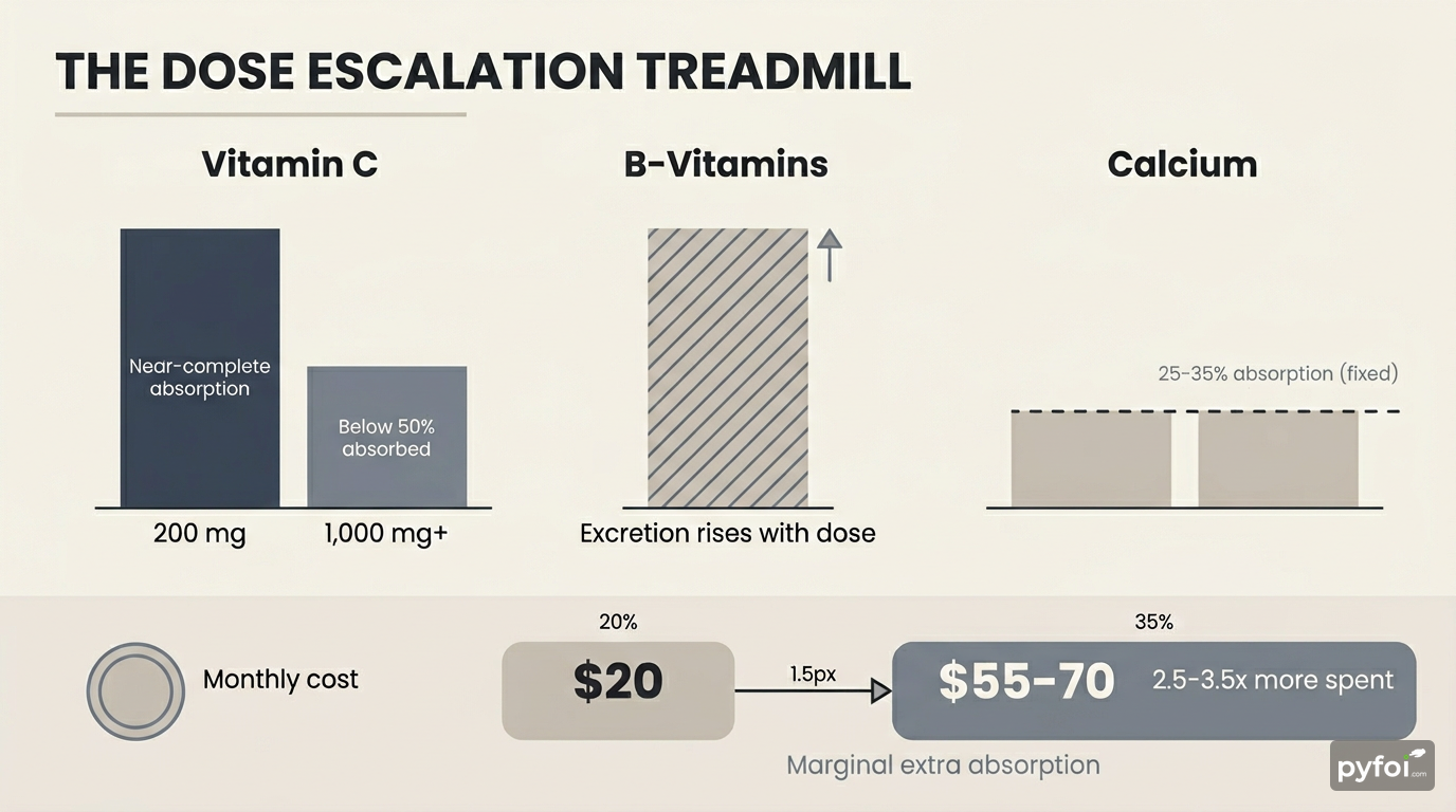 Bar chart comparing absorption efficiency and monthly cost across vitamin C, B-vitamins, and calcium at escalating supplement doses