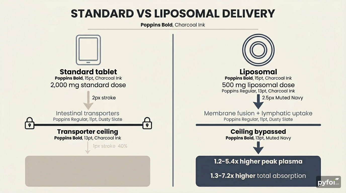 Side-by-side comparison diagram showing standard supplement absorption limited by intestinal transporters versus liposomal delivery achieving 1.2 to 5.4 times higher plasma levels