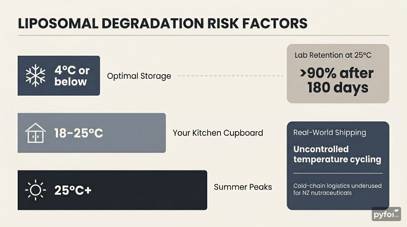 Liposomal Storage Temperature vs Kitchen Reality Data bar infographic comparing optimal liposomal storage temperature of 4 degrees C against typical kitchen cupboard temperatures of 18 to 25 degrees C with degradation risk factors