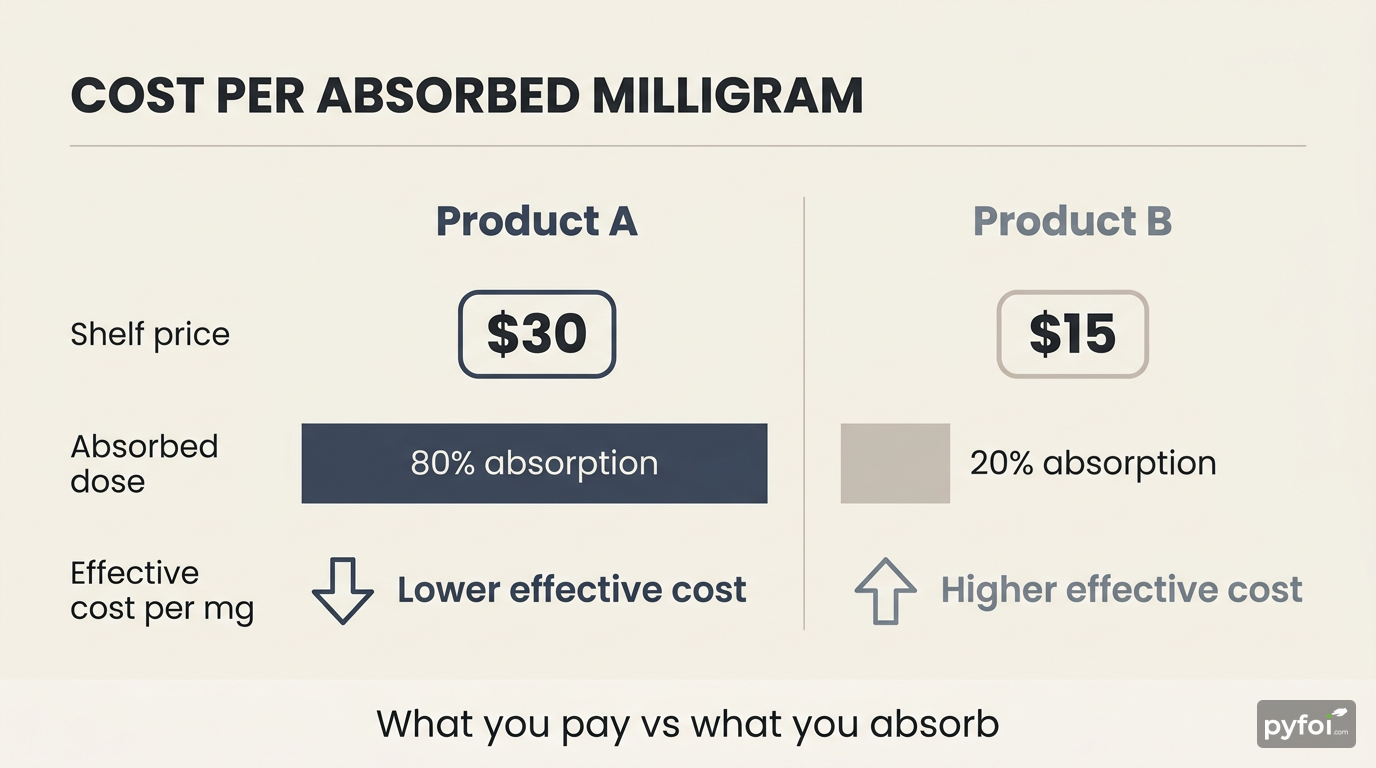 Side-by-side cost comparison showing a 30 dollar supplement with 80 percent absorption delivering lower cost per milligram than a 15 dollar supplement with 20 percent absorption