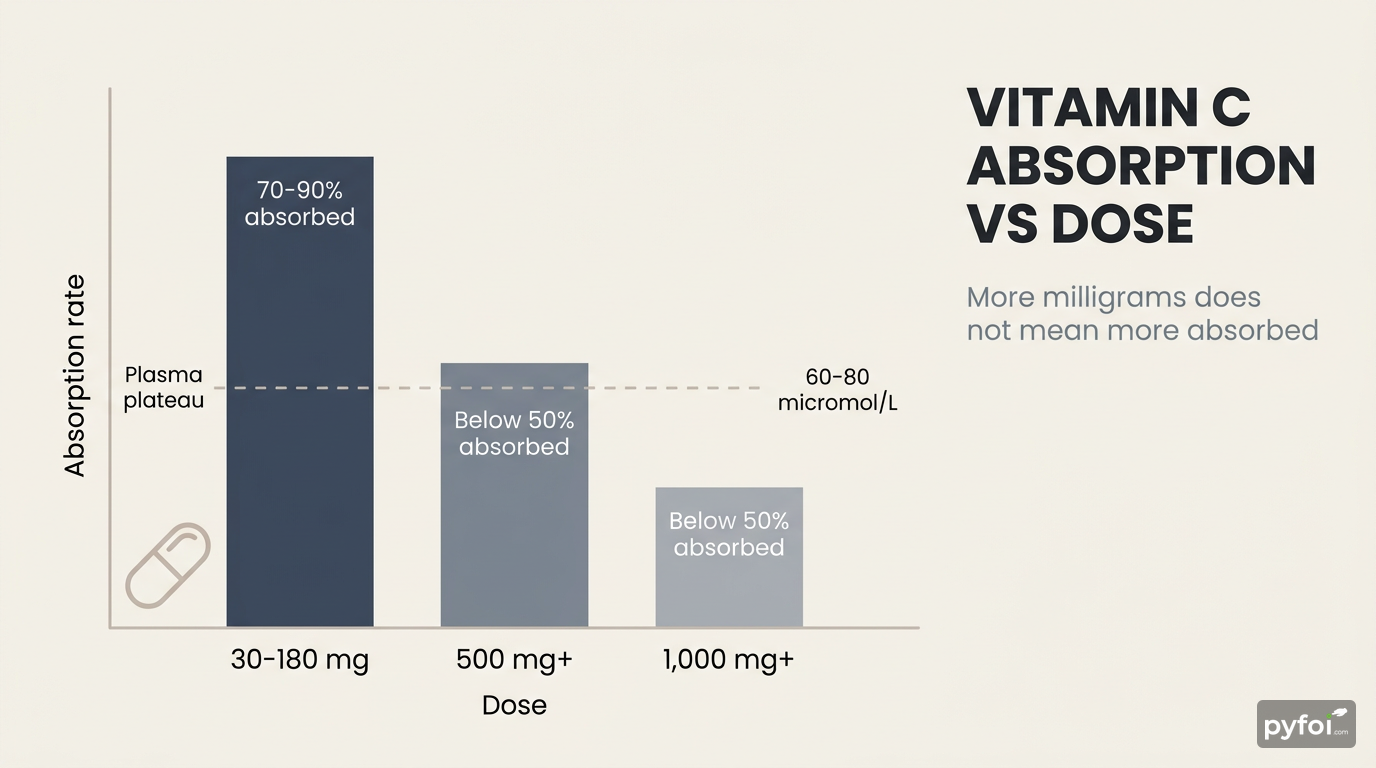 Bar chart showing vitamin C absorption rate declining from 70-90% at low doses to below 50% at high doses, with a plasma plateau line at 60-80 micromol/L