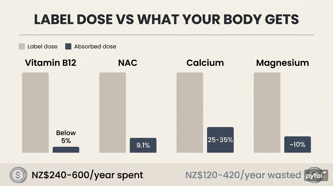 Four-column comparison chart showing label dose versus absorbed dose for Vitamin B12, NAC, Calcium, and Magnesium, with absorption percentages ranging from 5% to 35%