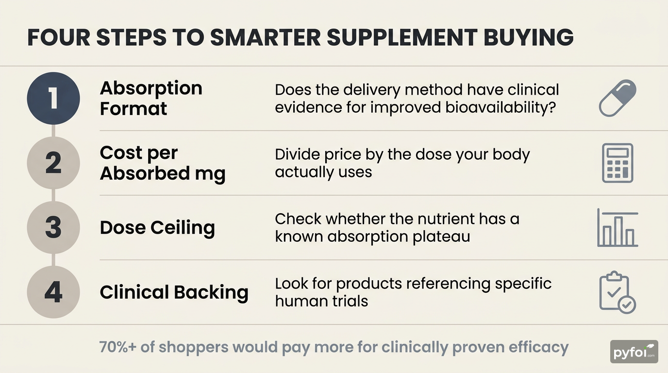 Four-step vertical process flow diagram with numbered steps for evaluating supplement purchases: absorption format, cost per absorbed milligram, dose ceiling, and clinical backing
