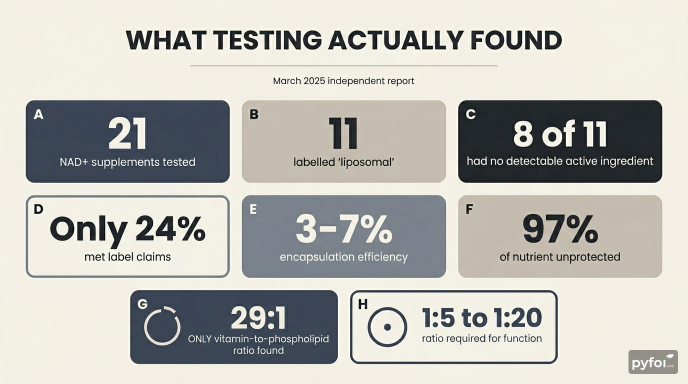 Stat badges showing independent lab results for liposomal supplements including 24 percent label compliance and 3 to 7 percent encapsulation efficiency