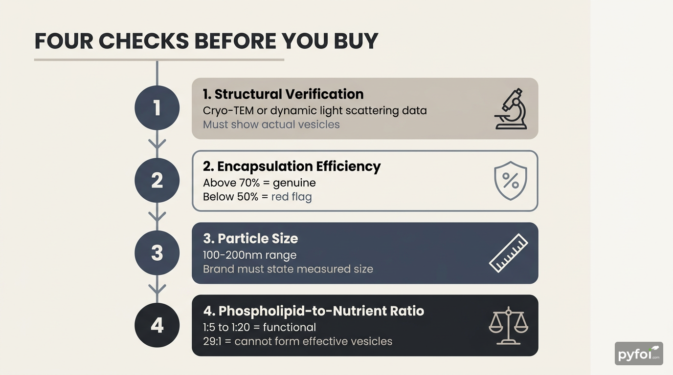 Four-step process flow showing verification checks for liposomal supplements including structural testing, encapsulation rate, particle size, and phospholipid ratio