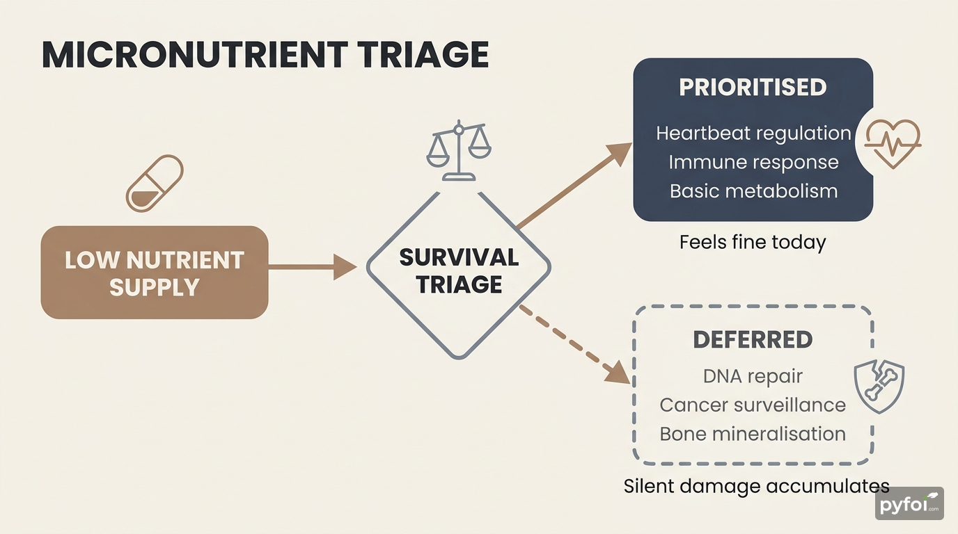 Process-flow infographic showing how the body triages scarce micronutrients between immediate survival functions and deferred long-term repair systems