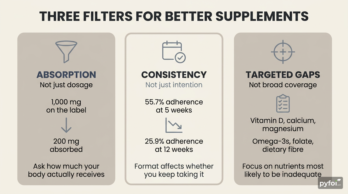 Three-column comparison infographic showing supplement evaluation filters for absorption, consistency, and targeted nutrient gaps with supporting statistics