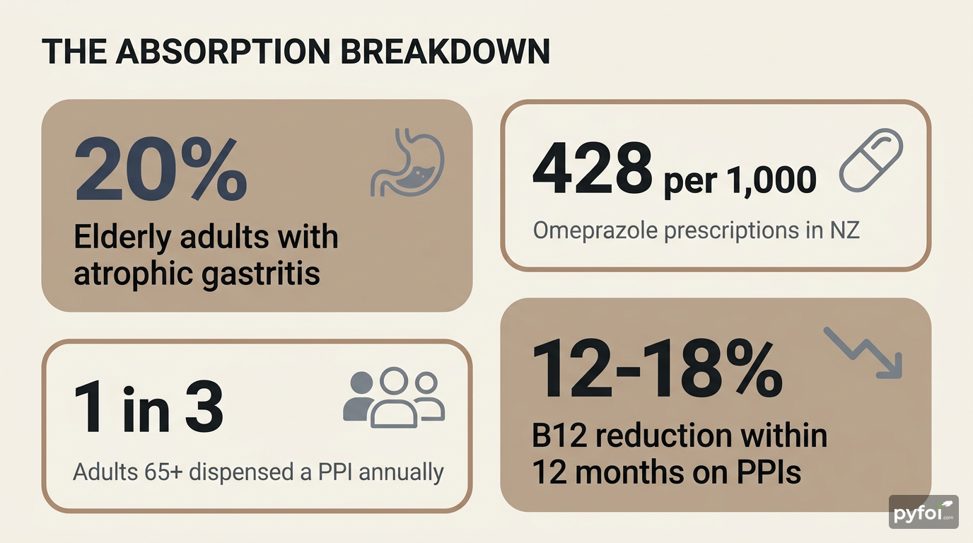Stat-badge infographic showing four key statistics on nutrient absorption decline in older New Zealand adults including PPI prescription rates and B12 reduction