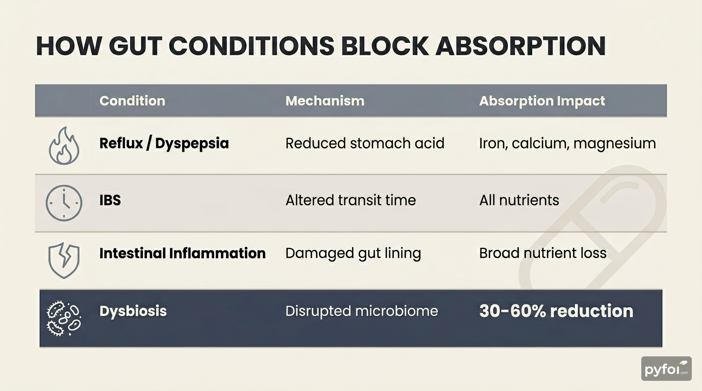 Comparison columns infographic listing four gut conditions, their mechanisms, and their measured impact on supplement nutrient absorption
