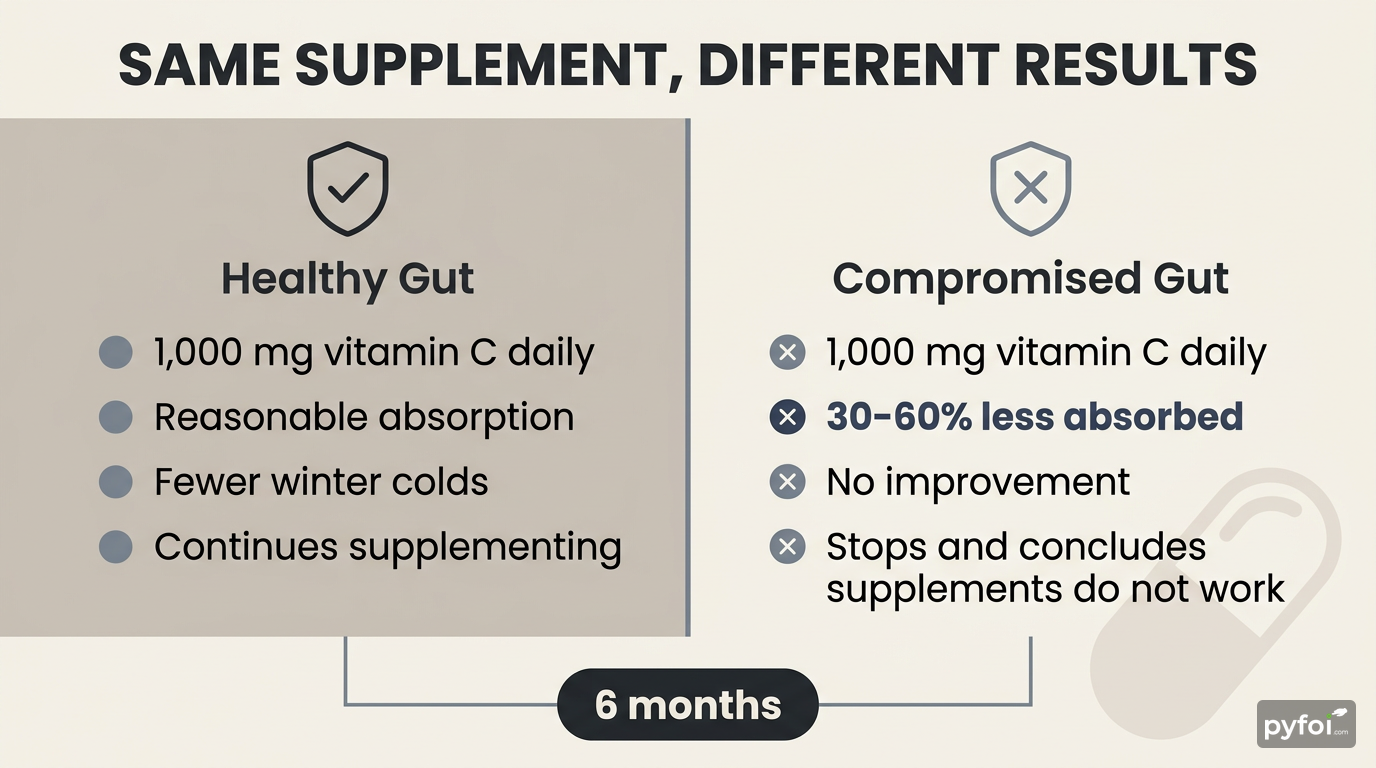 Split-view infographic comparing supplement outcomes for a healthy gut versus a compromised gut, both taking 1,000 mg vitamin C daily over six months