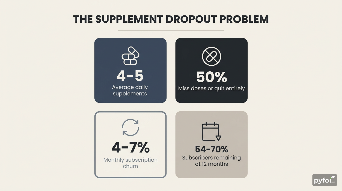 Stat-badges infographic showing four key supplement adherence statistics including daily pill count, dropout rate, and subscription churn