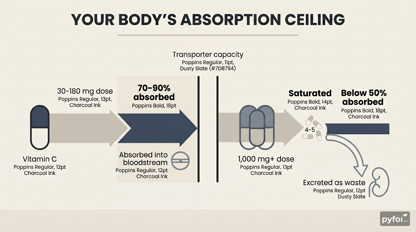 Comparison diagram showing vitamin C absorption rates dropping from 70-90 percent at low doses to below 50 percent at high doses due to transporter saturation