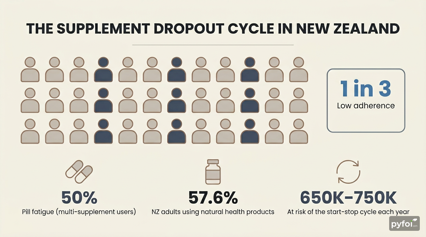 Demographic icon array showing supplement adherence statistics in New Zealand, with highlighted figures for low adherence, pill fatigue, and at-risk population size