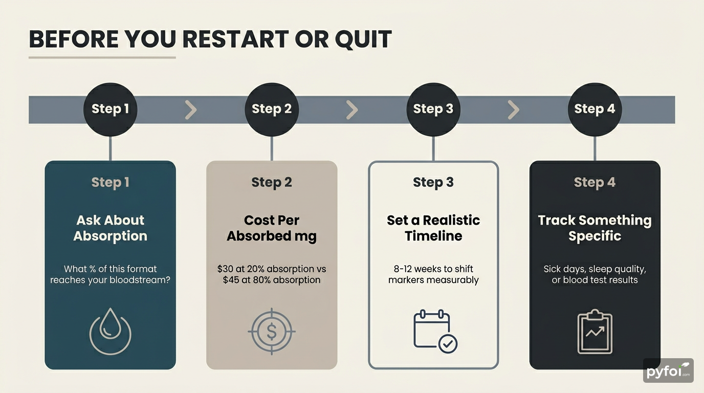 Four-step linear process diagram showing how to evaluate a supplement before restarting or quitting, covering absorption, cost per milligram, timeline, and tracking