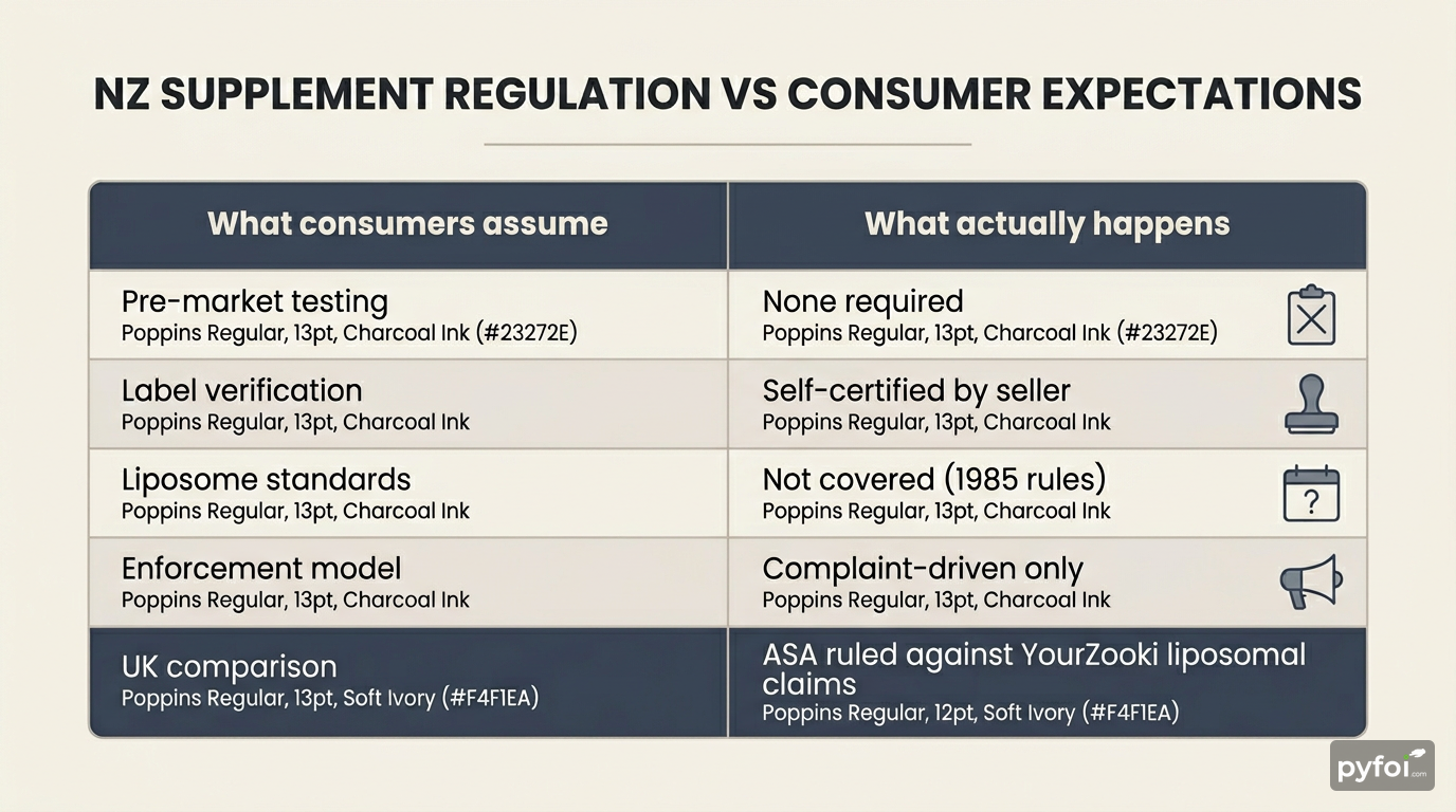 Comparison table showing consumer assumptions about NZ supplement regulation versus actual regulatory requirements across four categories