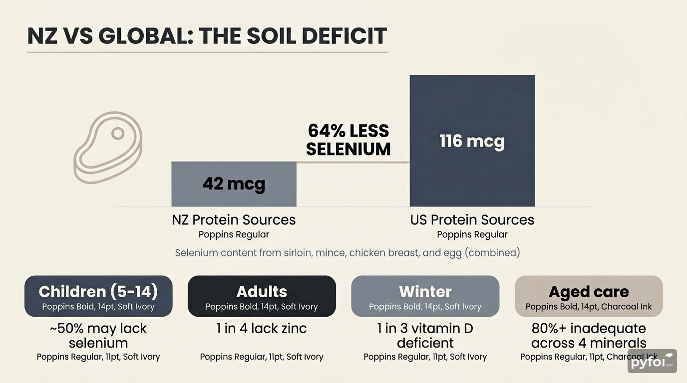 Bar chart comparing selenium content in New Zealand versus US protein sources, showing 42 versus 116 micrograms, with population deficit statistics below