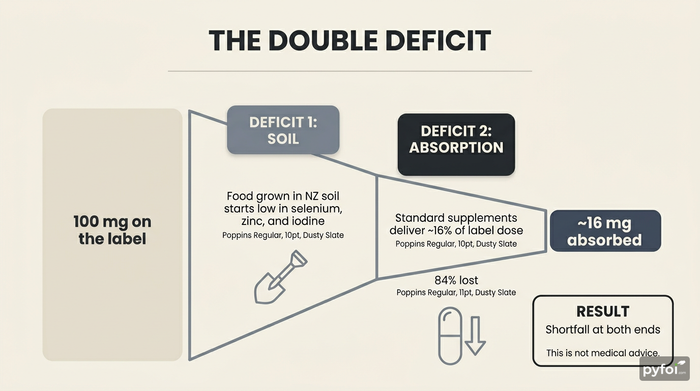 Funnel diagram showing the double deficit, with soil-depleted food as the first loss stage and 16 percent supplement absorption as the second, narrowing to a small absorbed amount