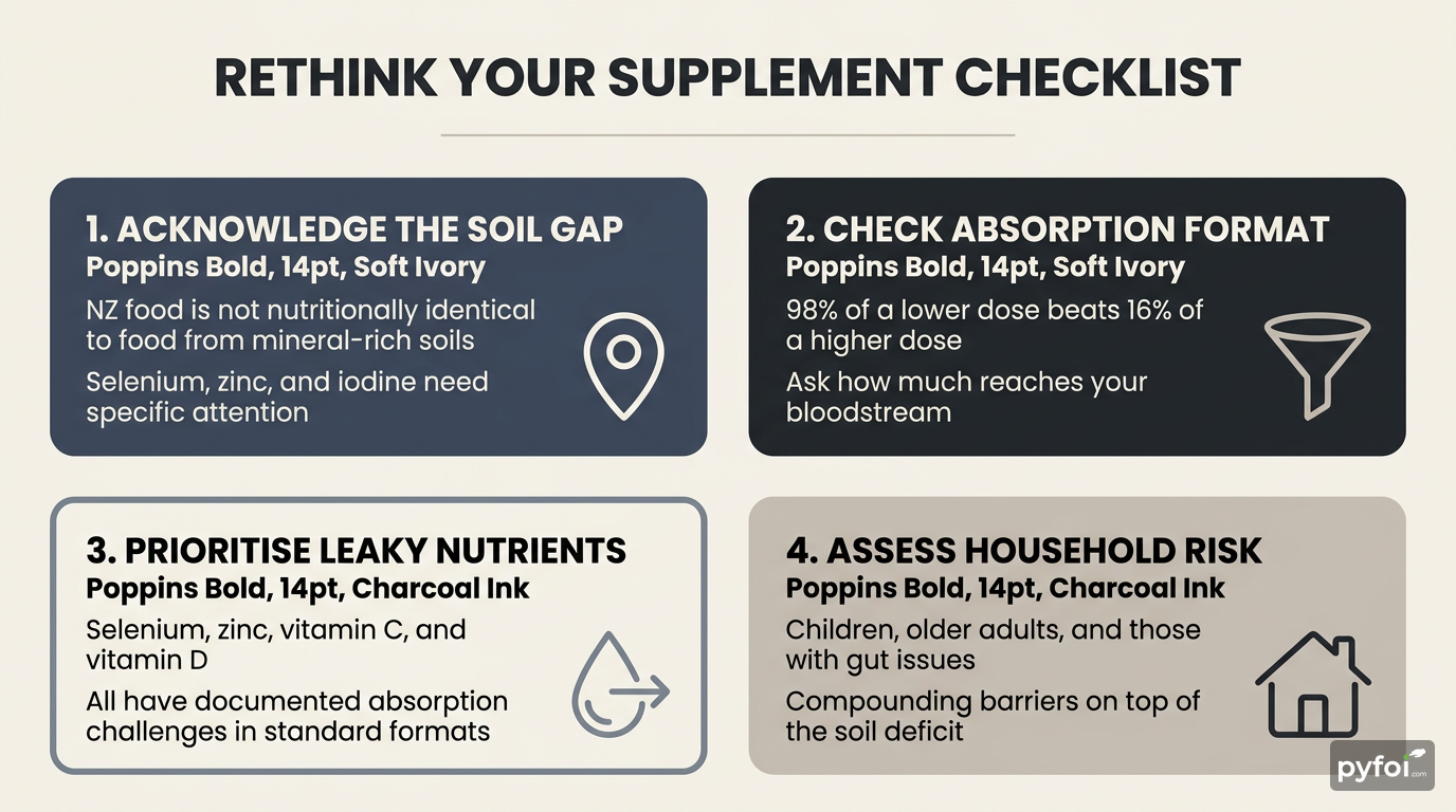 Four-item checklist infographic covering soil gap awareness, absorption format, priority nutrients, and household-level risk assessment for New Zealand supplement buyers