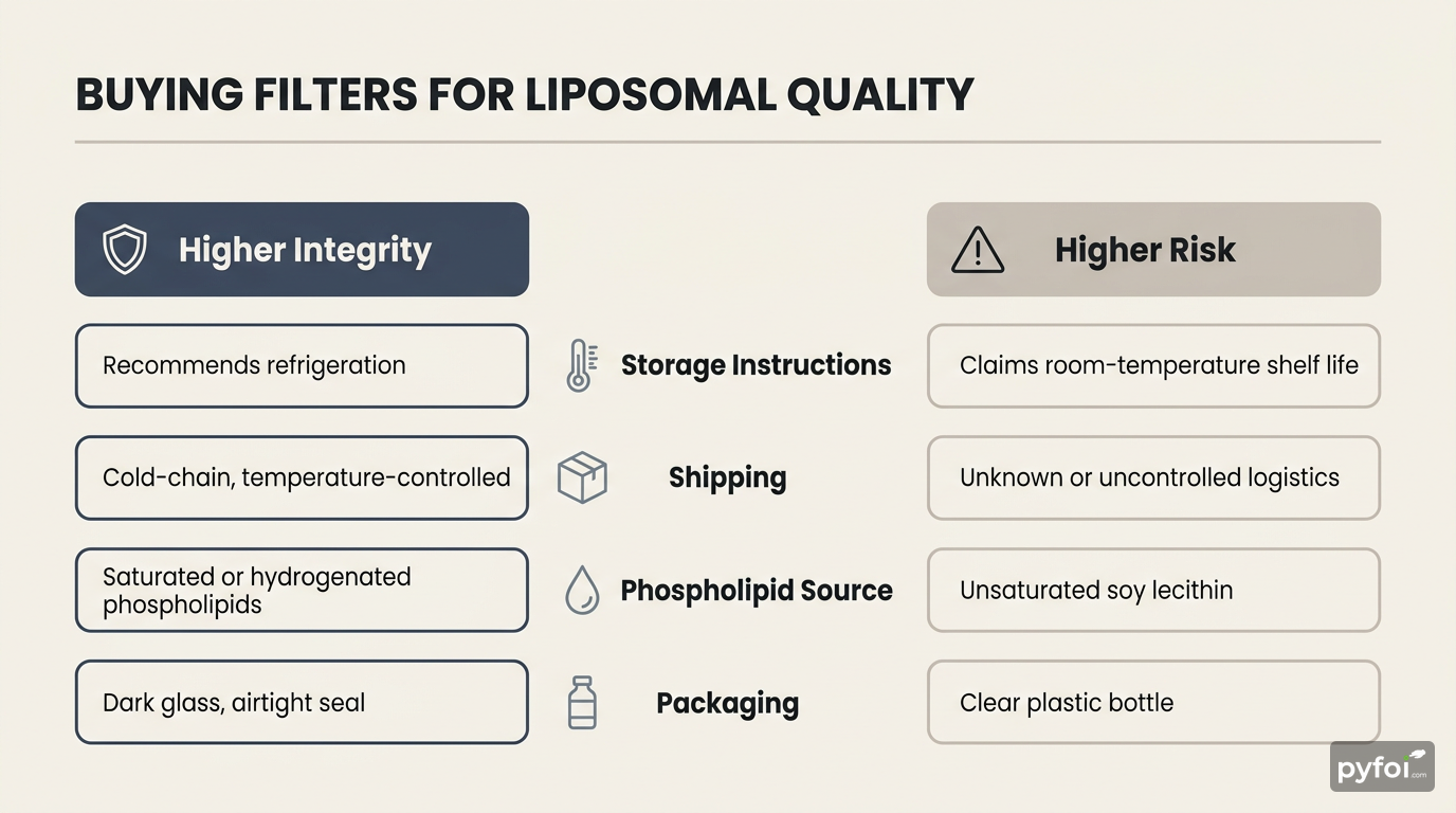 Comparison columns infographic showing four buying filters for liposomal supplements with higher integrity versus higher risk indicators across storage, shipping, phospholipid source, and packaging