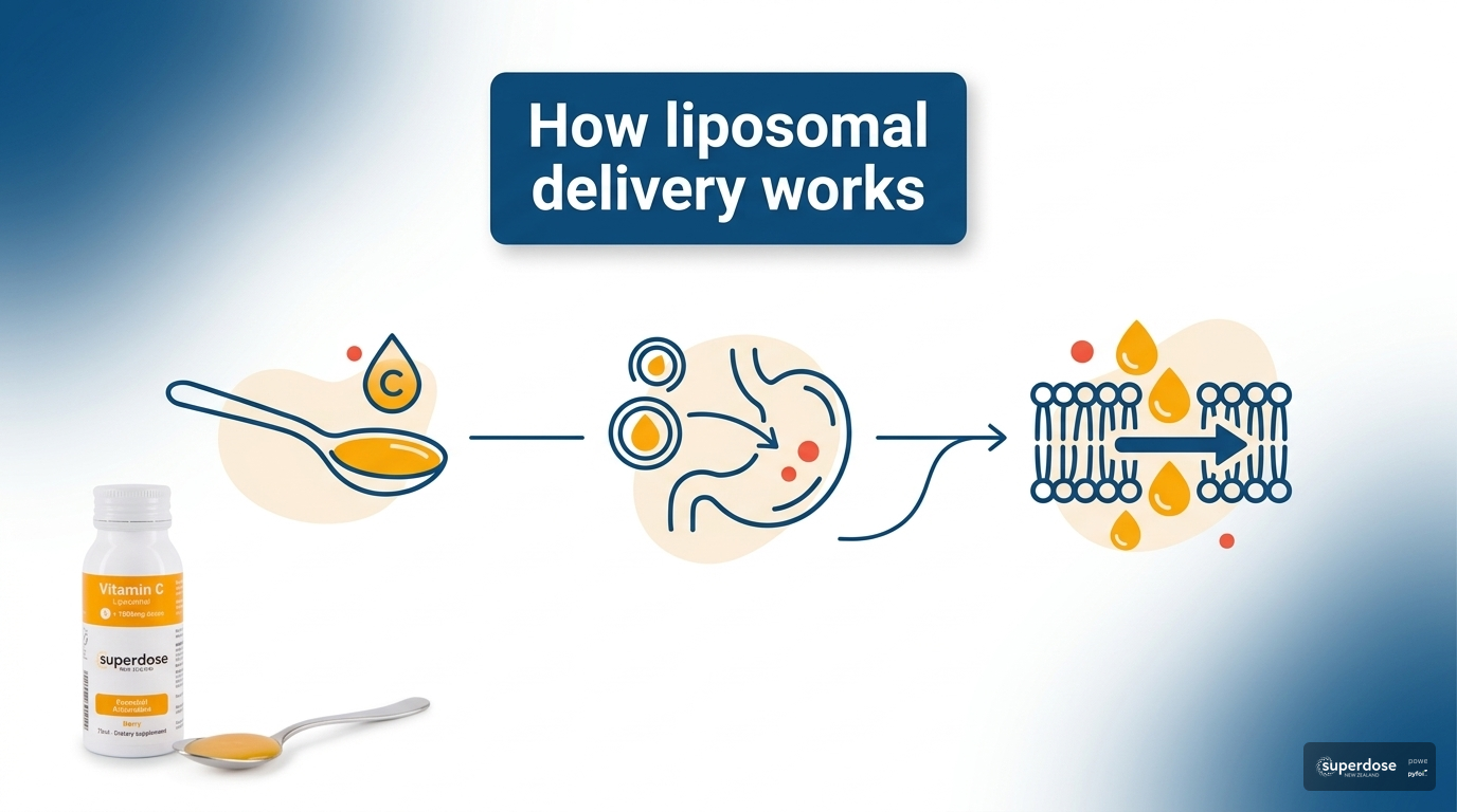 "Infographic showing how Superdose liposomal vitamin C moves from liquid serving to phospholipid protection through digestion and toward absorption"