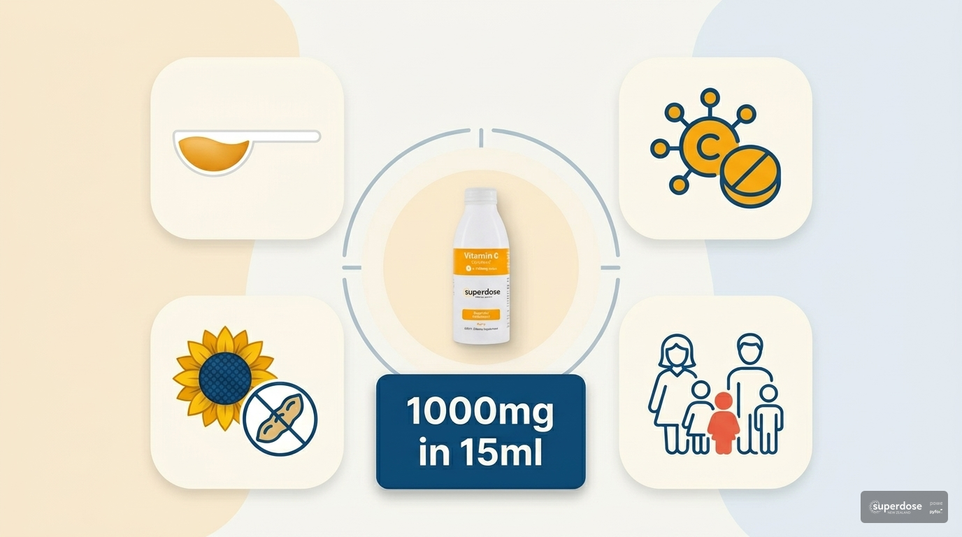 "Infographic highlighting Superdose Vitamin C facts including 1000mg per 15ml serve, sunflower lecithin, low sodium, and liquid dosing"