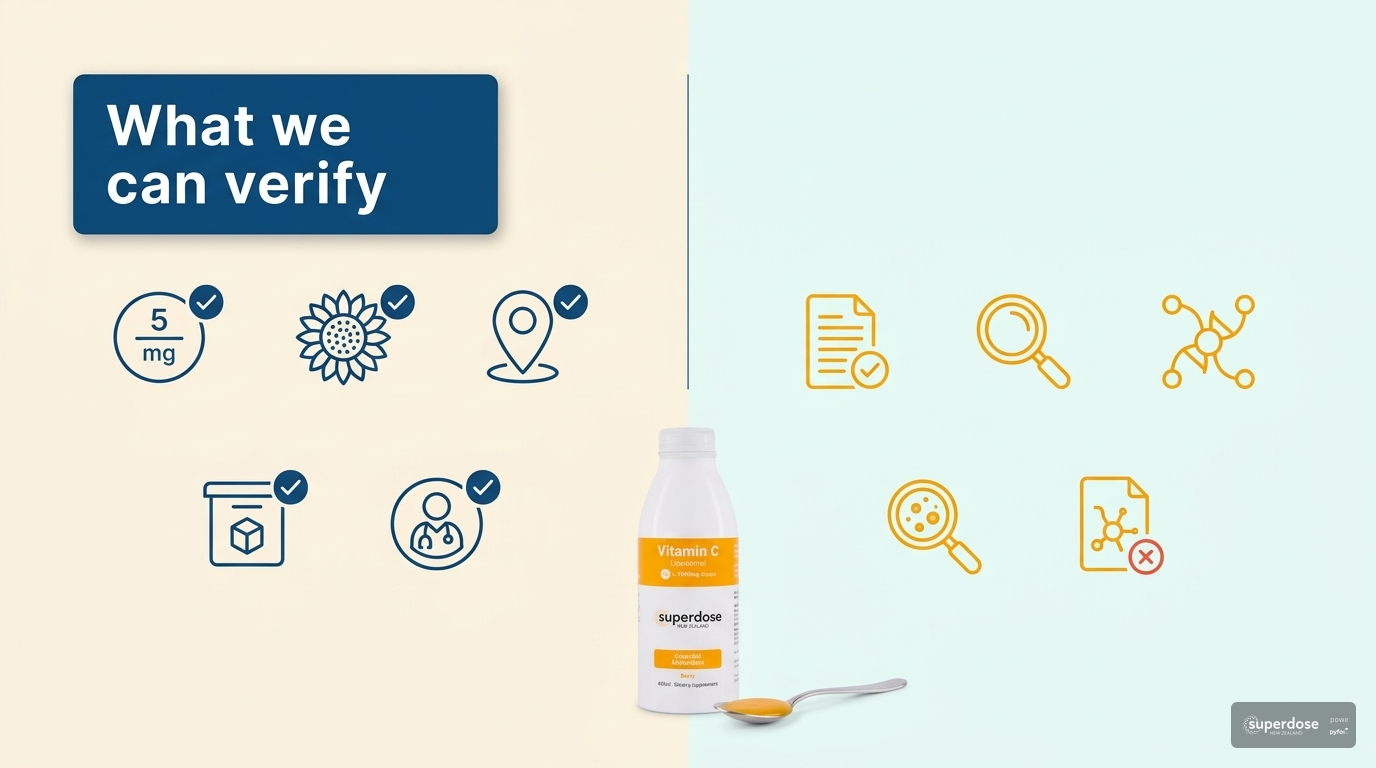 "Comparison infographic separating verified Superdose Vitamin C product facts from unpublished evidence such as structural verification and absorption data"