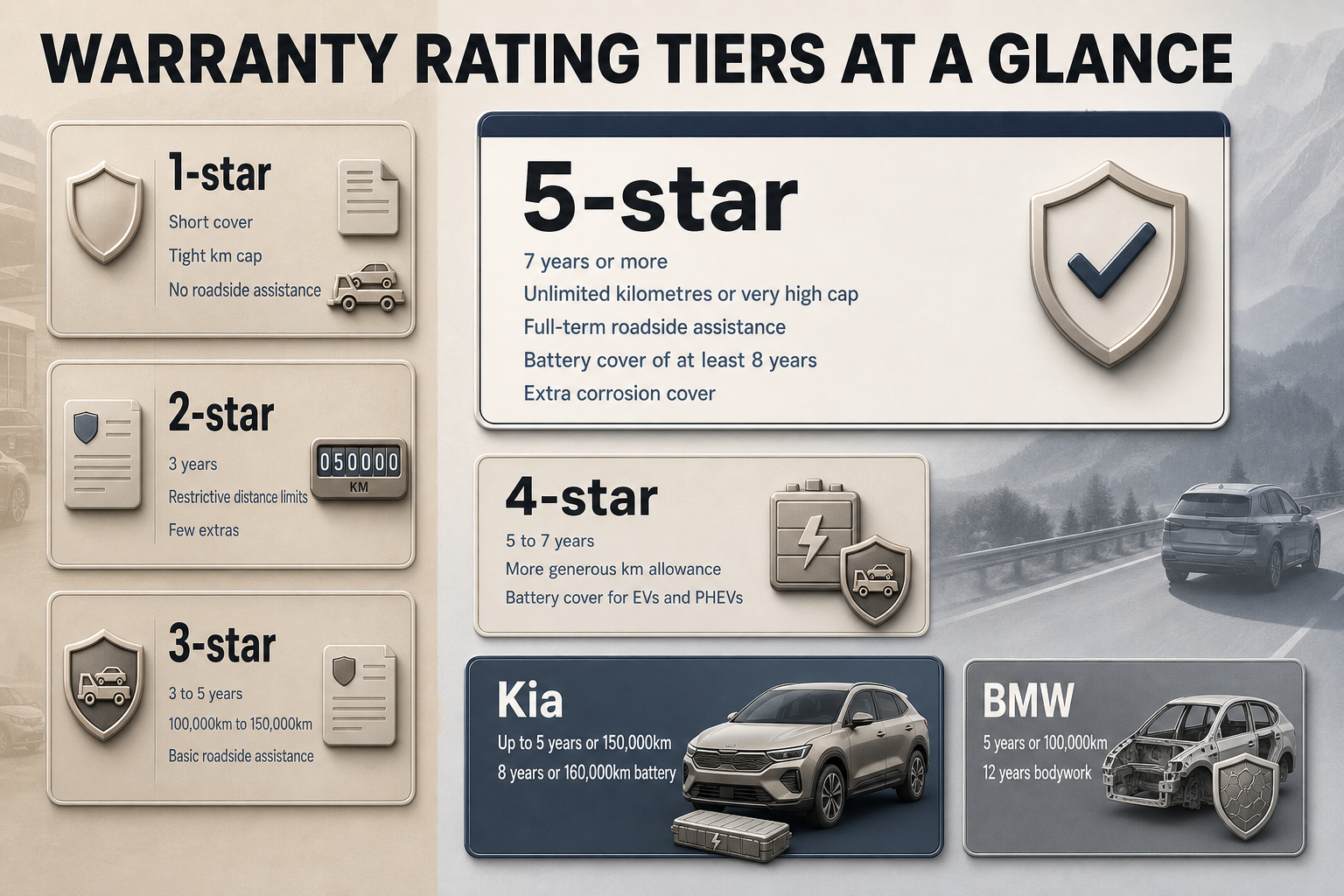 Warranty Rating Tiers Compared Five-column warranty rating infographic showing star tiers from 1-star to 5-star with brand examples for Kia and BMW