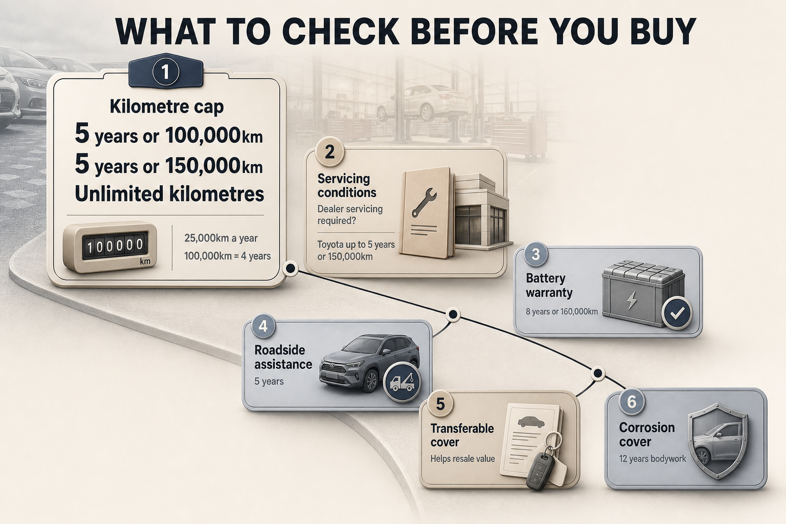 Warranty Buying Checklist Six-step flowchart showing warranty checks from kilometre cap and servicing conditions to battery cover and corrosion cover