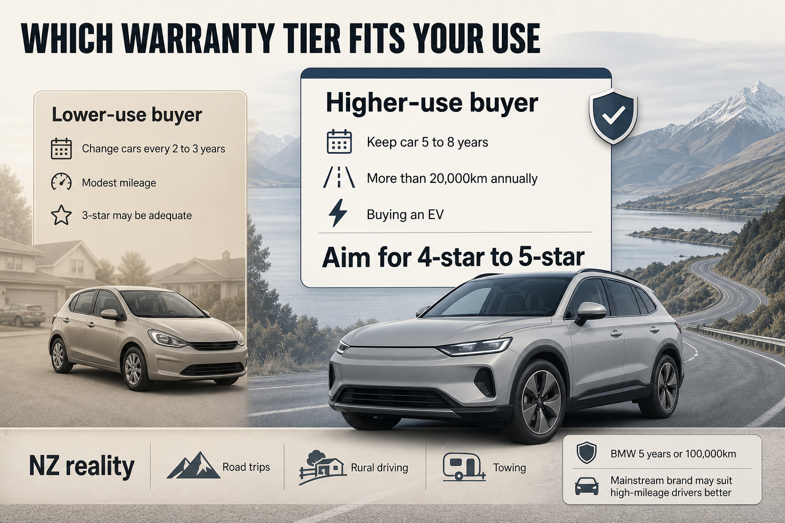 Match Warranty to Driving Use Split-view infographic contrasting higher-use and lower-use NZ car buyers with warranty tier recommendations and driving context icons