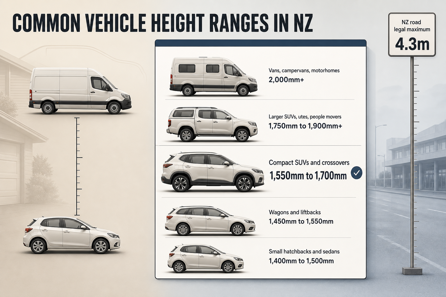 Common NZ vehicle height bands Column comparison infographic showing five vehicle types with height ranges in millimetres and a separate NZ legal maximum marker