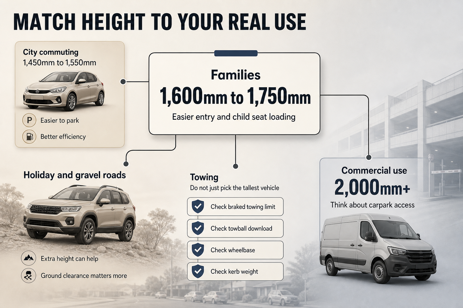 Choose height by use case Flowchart infographic with five use cases linked to recommended vehicle height bands and practical checks for towing and access