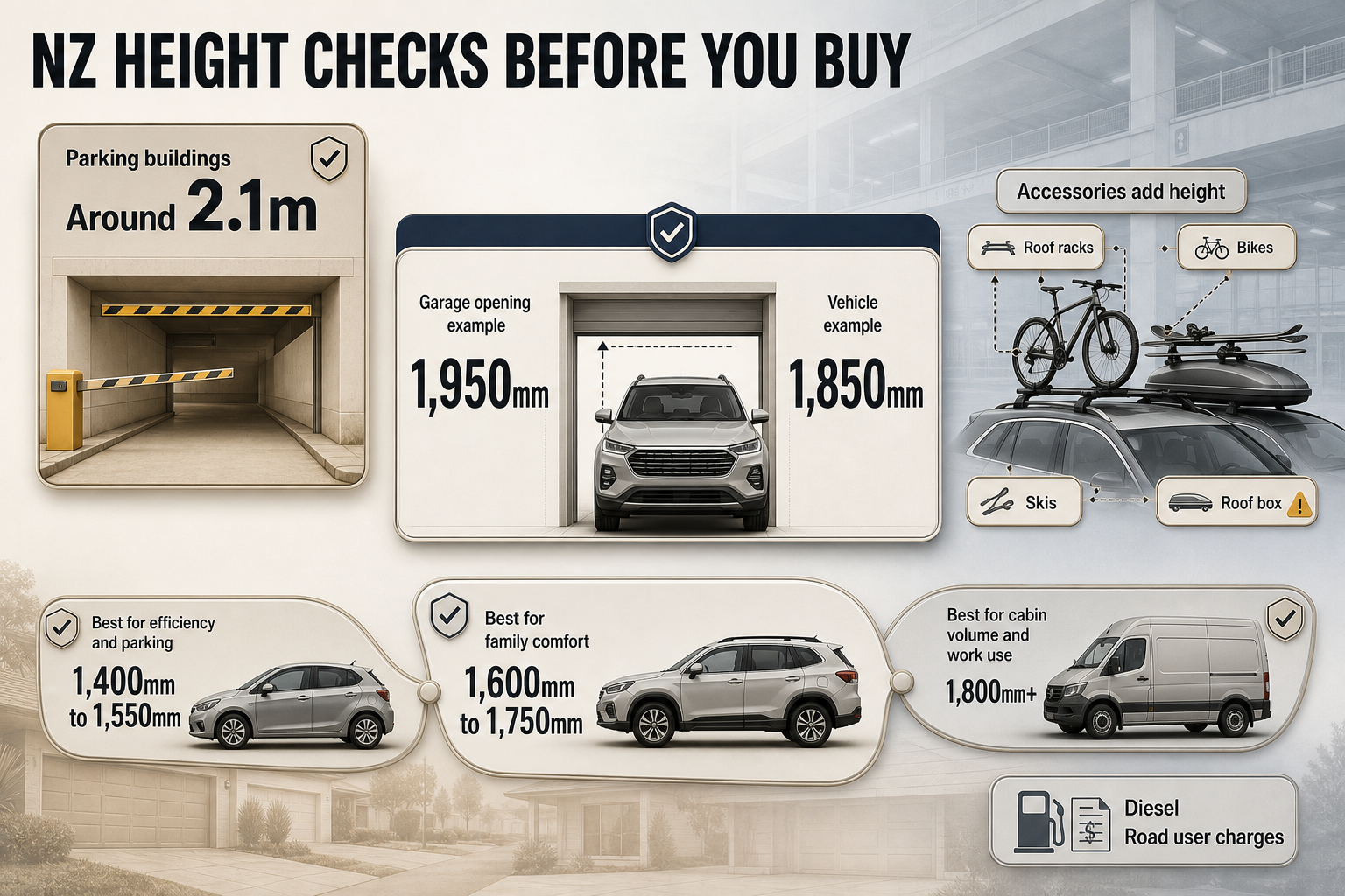 NZ vehicle height reality checks Badge-style infographic showing NZ parking clearance, garage fit examples, accessory height add-ons, and recommended height bands