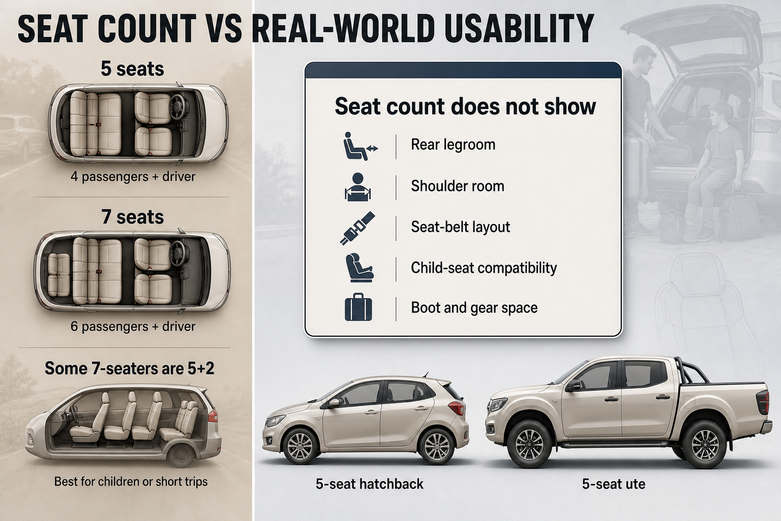 Two-column infographic comparing 5-seat and 7-seat layouts with seat totals, a 5+2 note, and usability factors like legroom and boot space.