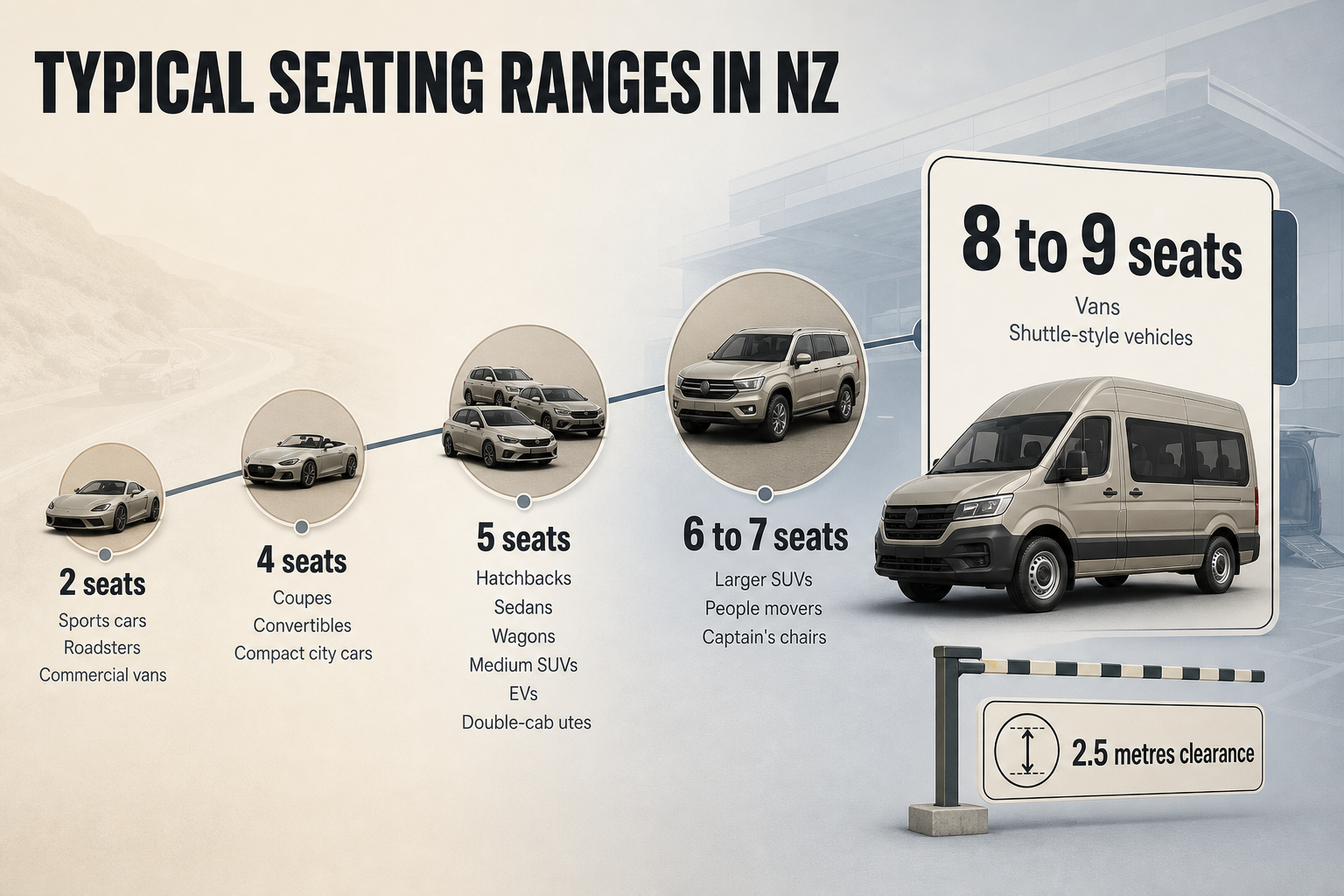 Horizontal flow infographic showing seat-count bands from 2 seats to 9 seats, paired with common vehicle types and a 2.5 metres clearance note.