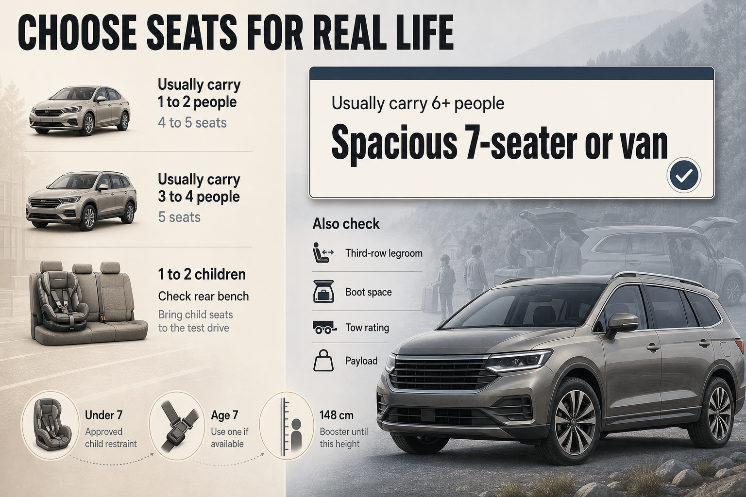 Split-view decision infographic with household scenarios on one side and recommended seat counts, child-restraint rules, and extra checks on the other.