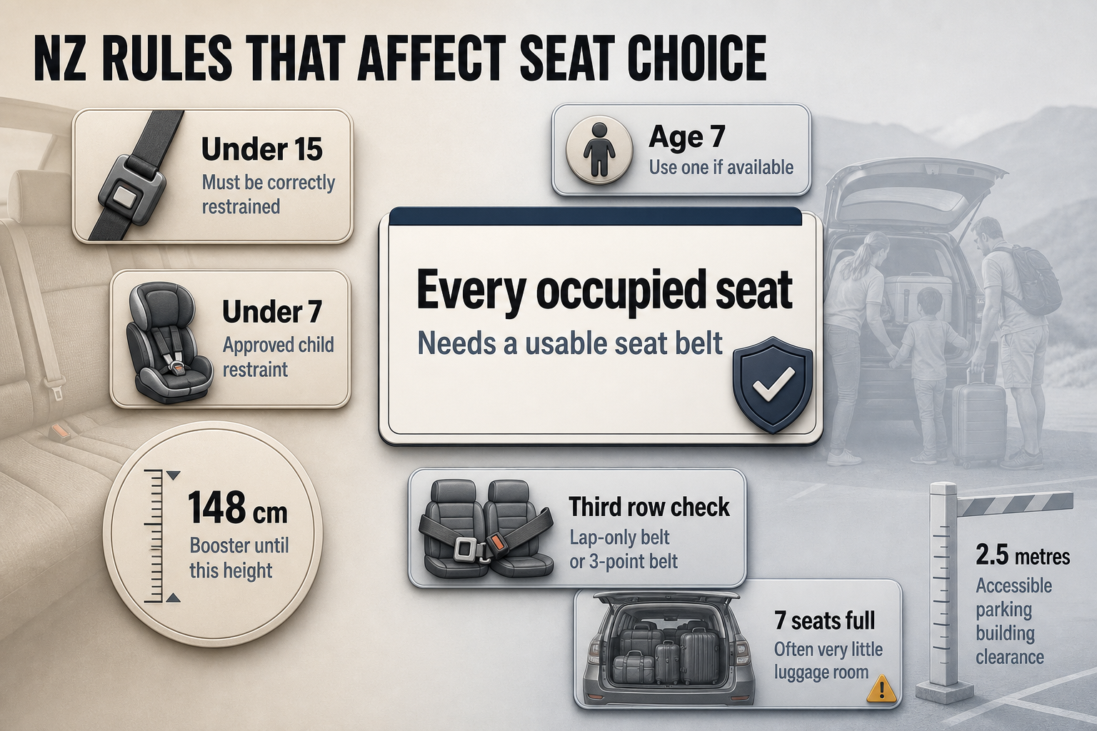 Badge-style infographic with NZ restraint rules, 148 cm booster guidance, third-row belt checks, and a 2.5 metres clearance marker.