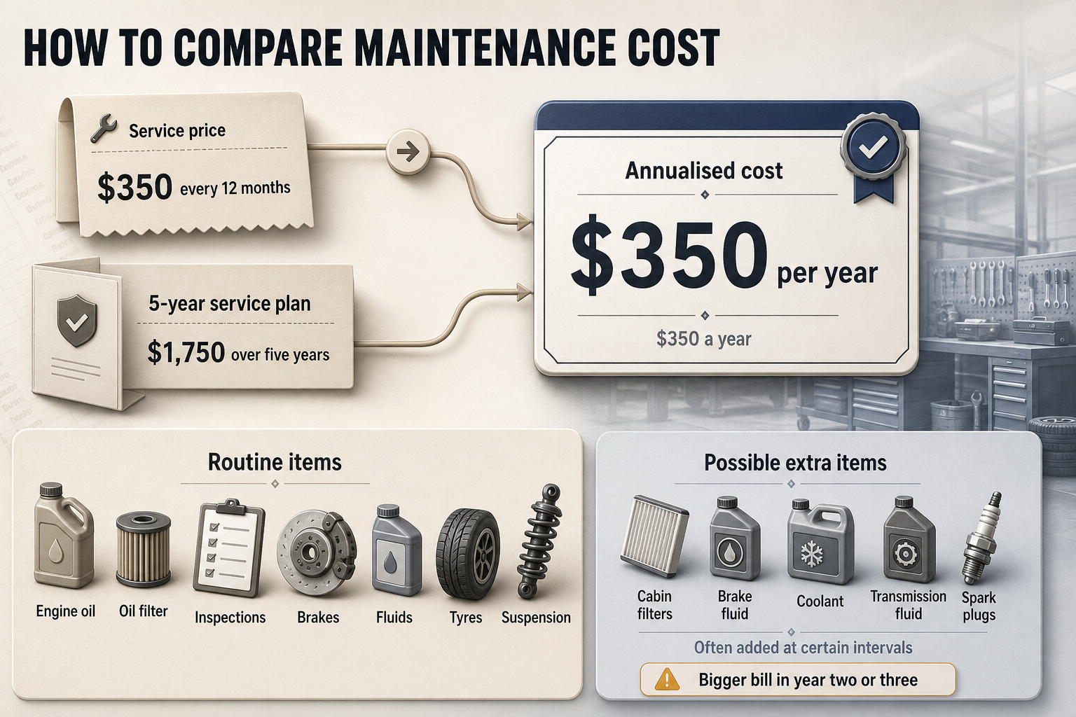 Flow infographic with two service pricing examples leading to the same annual cost, plus routine items and later interval add-ons.