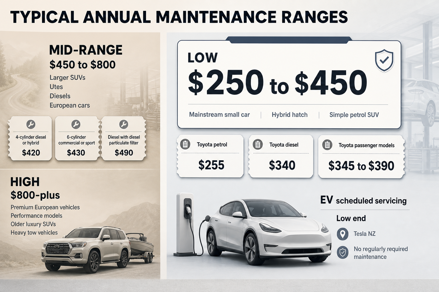 Three-column comparison chart showing low, mid-range and high annual maintenance bands, with example vehicle types and service prices.