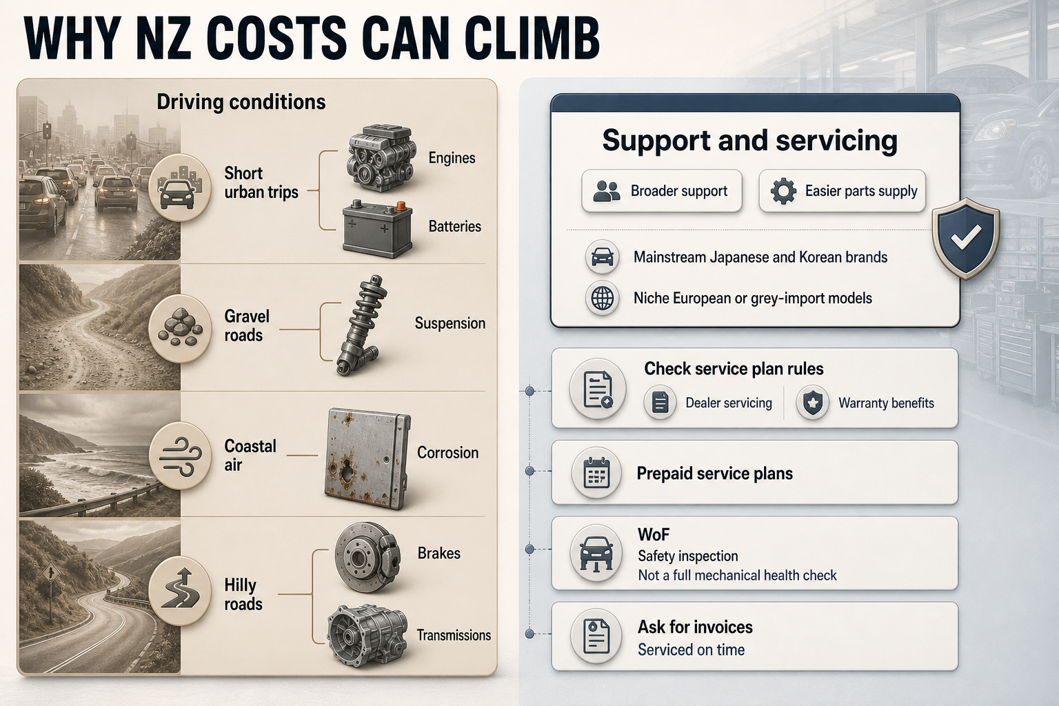 Split-view infographic with NZ driving condition risks on one side and servicing, parts, warranty, and WoF checks on the other.