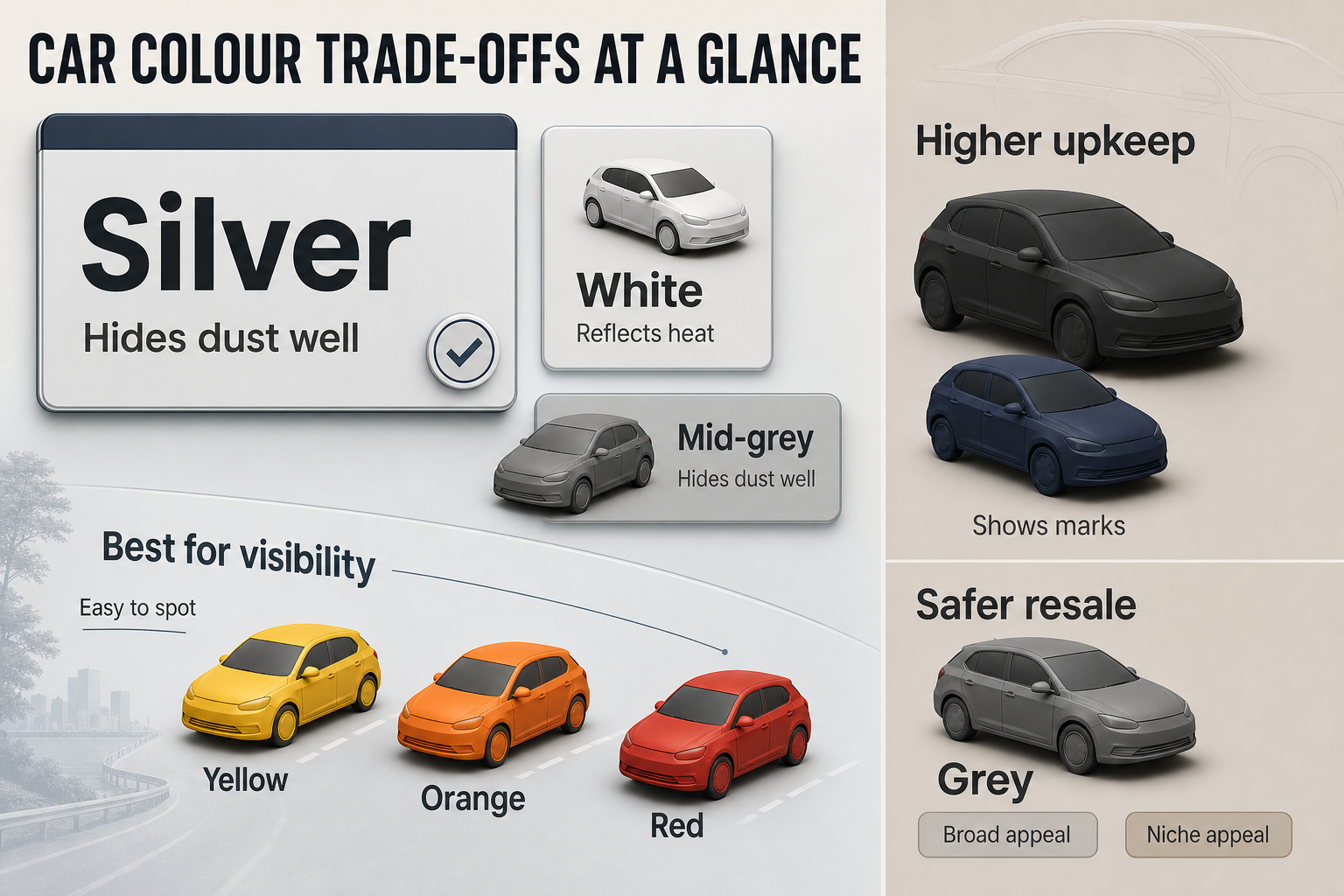 Car Colour Trade-offs Comparison infographic with grouped car colour columns for practicality, visibility, upkeep, and resale using labelled colour categories
