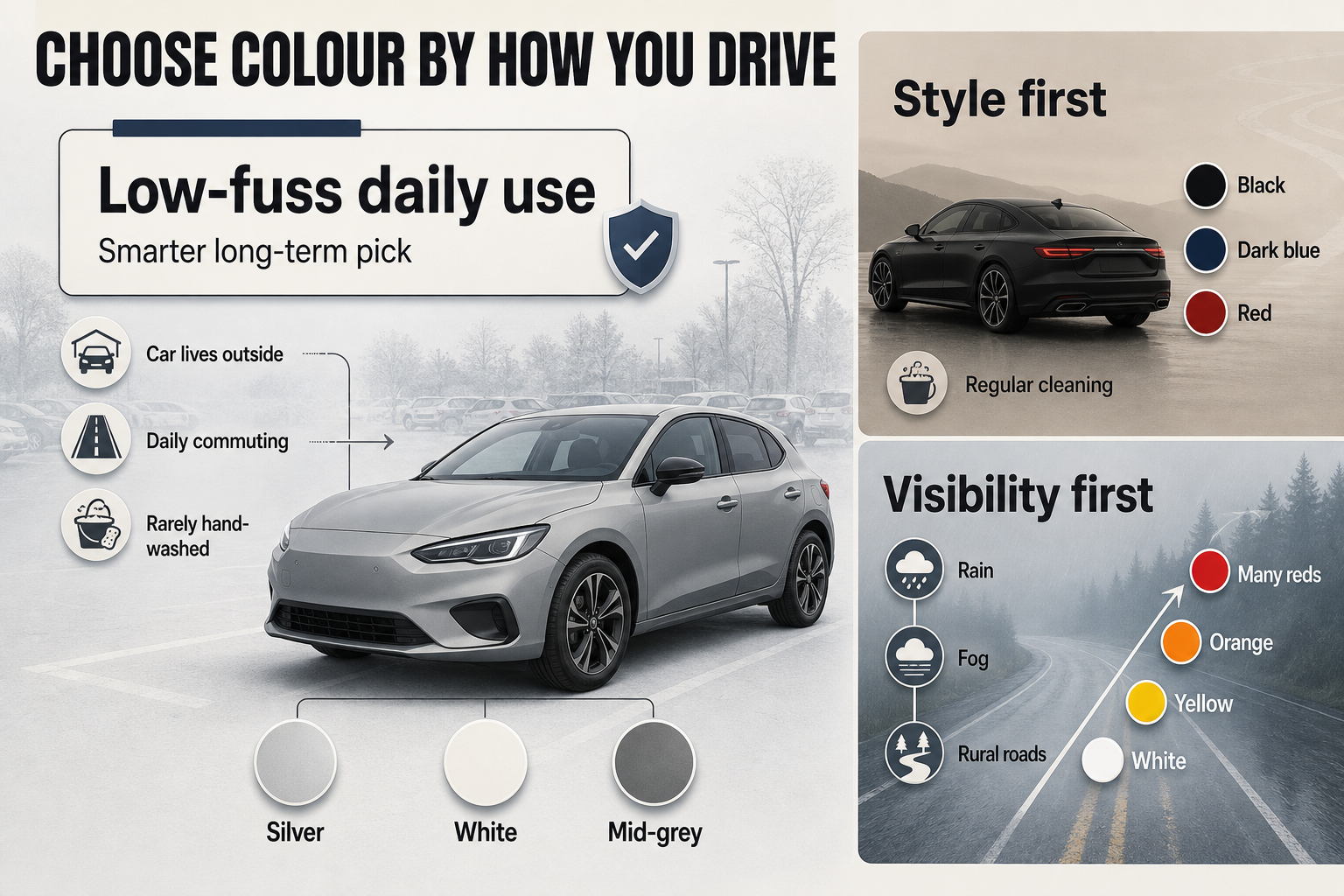 Choose Colour by Use Split-view infographic showing three decision paths for car colour choice: low-fuss use, style-first ownership, and visibility-first driving